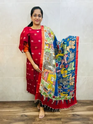 Premium semi raw silk top(cotton lining) with allover zari weaving buttas paired with handpainted kalamkari silk duppata