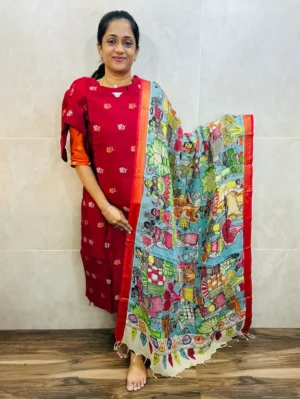 Premium semi raw silk top(cotton lining) with allover zari weaving buttas paired with handpainted kalamkari silk duppata