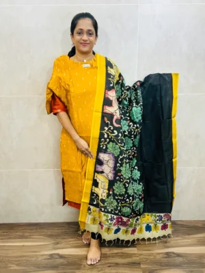 Premium semi raw silk top(cotton lining) with allover zari weaving buttas paired with handpainted kalamkari silk duppata