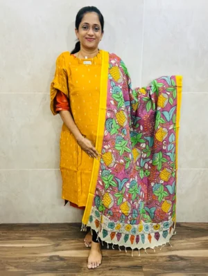 Premium semi raw silk top(cotton lining) with allover zari weaving buttas paired with handpainted kalamkari silk duppata