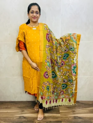 Premium semi raw silk top(cotton lining) with allover zari weaving buttas paired with handpainted kalamkari silk duppata