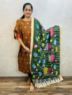 Premium semi raw silk top(cotton lining) with allover zari weaving buttas paired with handpainted kalamkari silk duppata