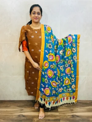 Premium semi raw silk top(cotton lining) with allover zari weaving buttas paired with handpainted kalamkari silk duppata