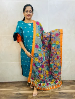 Premium semi raw silk top(cotton lining) with allover zari weaving buttas paired with handpainted kalamkari silk duppata