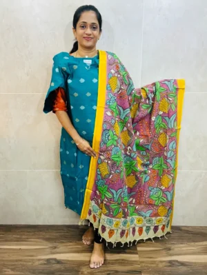 Premium semi raw silk top(cotton lining) with allover zari weaving buttas paired with handpainted kalamkari silk duppata