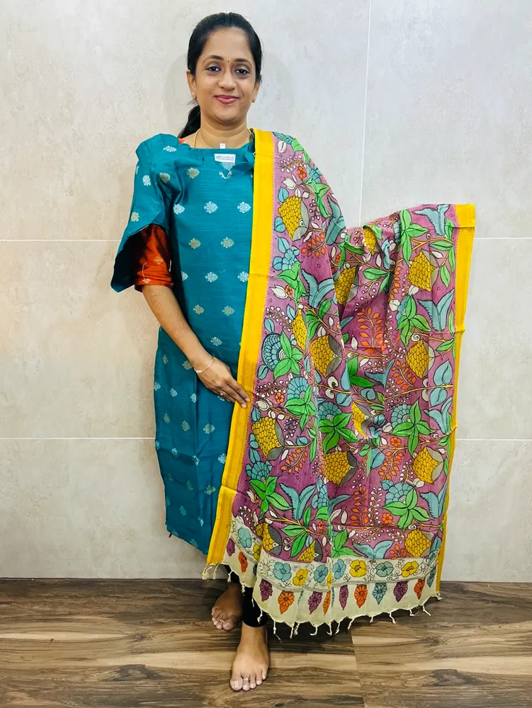 Premium semi raw silk top(cotton lining) with allover zari weaving buttas paired with handpainted kalamkari silk duppata