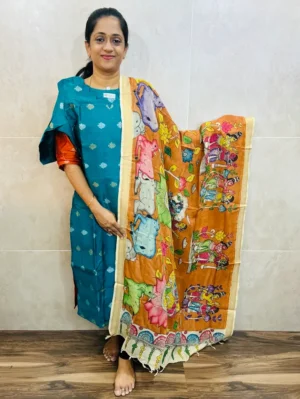 Premium semi raw silk top(cotton lining) with allover zari weaving buttas paired with handpainted kalamkari silk duppata