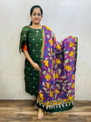 Premium semi raw silk top(cotton lining) with allover zari weaving buttas paired with handpainted kalamkari silk duppata