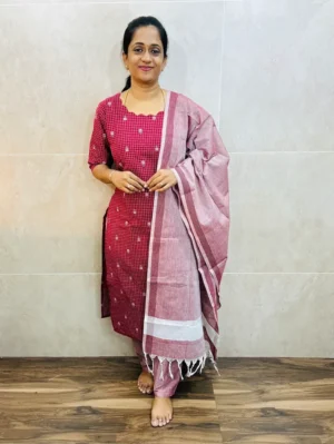 Pure handloom cotton top with allover thread weavings paired with handloom cotton dupatta and cotton bottom(free size)