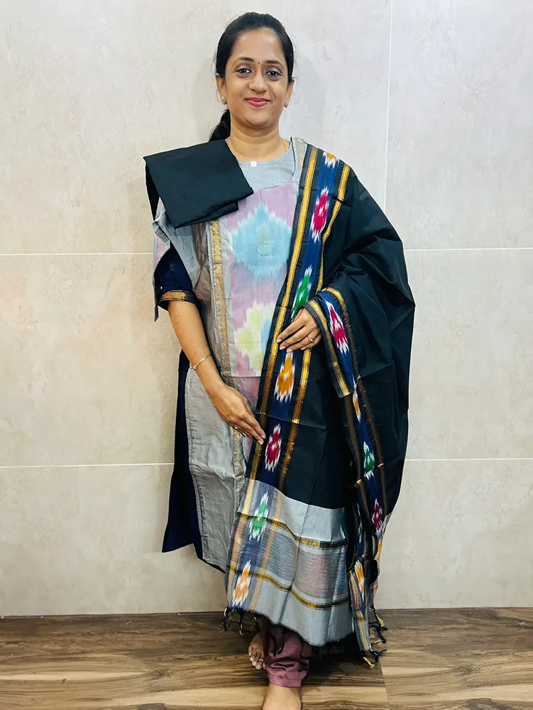 Premium Pochampally handloom silk cotton top (cotton lining) paired with silk cotton dupatta and silk bottom (Free size)