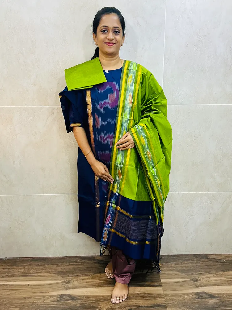 Premium Pochampally handloom silk cotton top (cotton lining) paired with silk cotton dupatta and silk bottom (Free size)