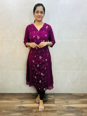 Premium soft mul chanderi silk top(crepe lining) with exclusive machine embroidered work(Aline panel cut)