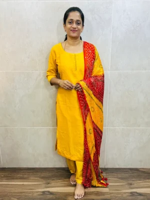 Soft silk top (crepe lining) with Potli work on yoke paired with mirror worked bhandini Dupatta and silk bottom (free size)