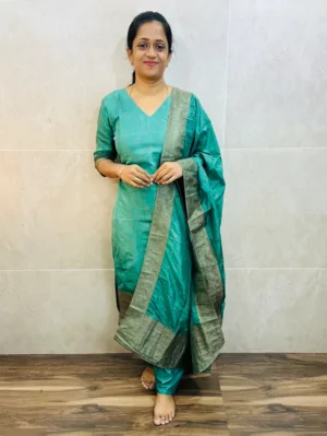 Premium Dola silk top (cotton lining) with allover antique benaras weaving paired with dola silk dupatta and silk bottom (free size)