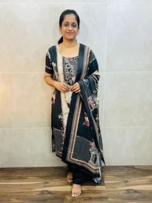 Printed muslin silk top(cotton lining)paired with printed muslin silk dupatta and santoon bottom(free size)