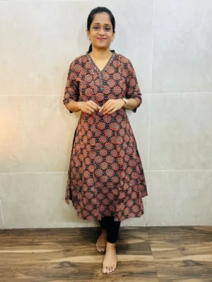 (Black)Ajrakh dyed cotton top(cotton lining)with mirror worked yoke(Panel cut)