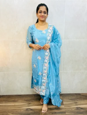 Soft Georgette organza top (crepe lining) with allover embroidery paired with embroidered Georgette organza dupatta and silk bottom (straight cut)