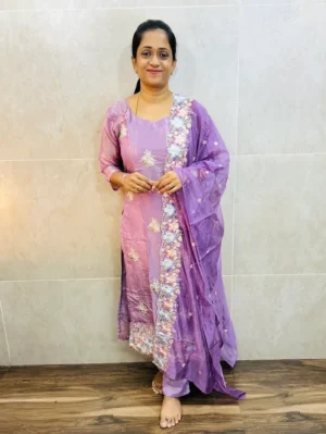 Soft Georgette organza top (crepe lining) with allover embroidery paired with embroidered Georgette organza dupatta and silk bottom (straight cut)