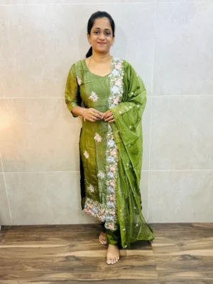 Soft Georgette organza top (crepe lining) with allover embroidery paired with embroidered Georgette organza dupatta and silk bottom (straight cut)