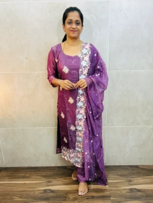 Soft Georgette organza top (crepe lining) with allover embroidery paired with embroidered Georgette organza dupatta and silk bottom (straight cut)