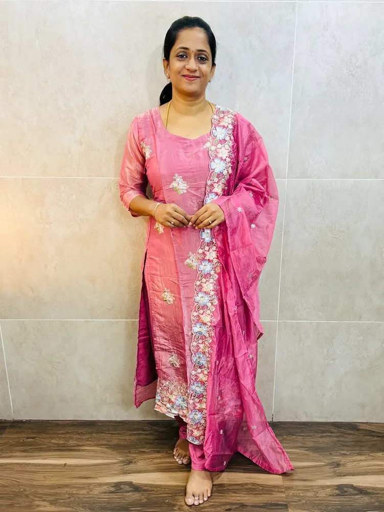 Soft Georgette organza top (crepe lining) with allover embroidery paired with embroidered Georgette organza dupatta and silk bottom (straight cut)