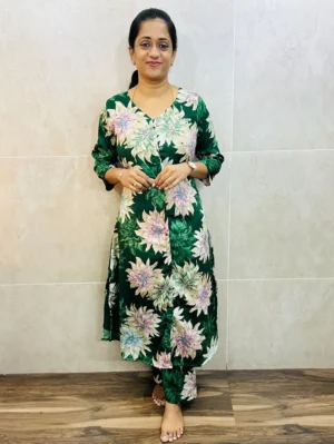 Printed rayon top (crepe lining) with allover fancy buttons paired with printed rayon bottom (semi palazzo)