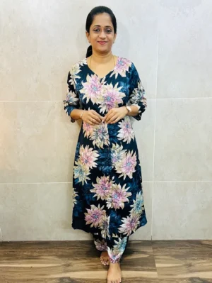 Printed rayon top (crepe lining) with allover fancy buttons paired with printed rayon bottom (semi palazzo)