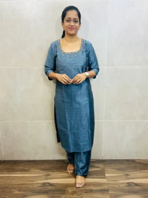 Premium semi raw silk top(cotton lining)with handworked yoke paired with semi raw silk bottom(straight cut)