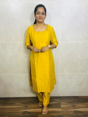 Premium semi raw silk top(cotton lining)with handworked yoke paired with semi raw silk bottom(straight cut)