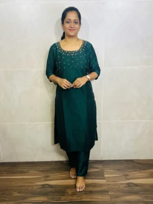 Premium semi raw silk top(cotton lining)with handworked yoke paired with semi raw silk bottom(straight cut)