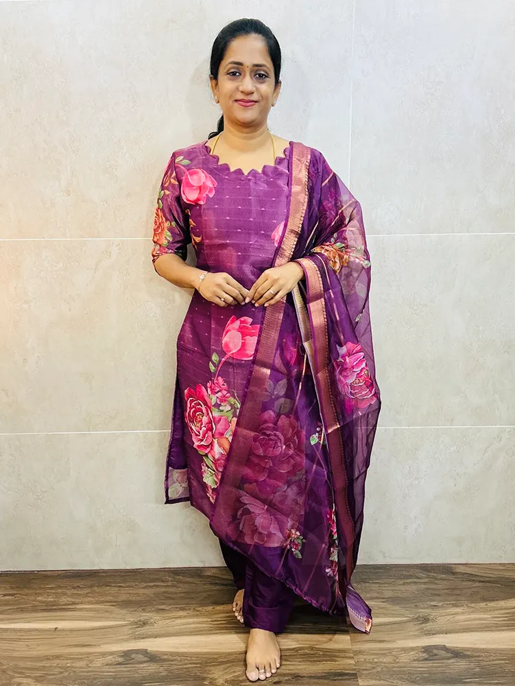 Printed Soft tissue silk top (cotton lining) with allover zari woven buttas paired with printed organza dupatta and silk bottom (free size)