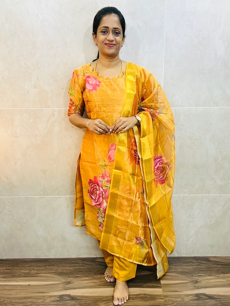 Printed Soft tissue silk top (cotton lining) with allover zari woven buttas paired with printed organza dupatta and silk bottom (free size)