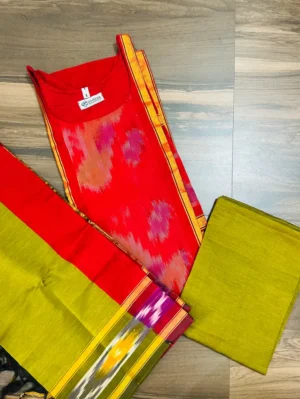 Premium Pochampally handloom silk cotton top (cotton lining) paired with silk cotton dupatta and silk bottom (Free size)