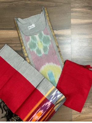 Premium Pochampally handloom silk cotton top (cotton lining) paired with silk cotton dupatta and silk bottom (Free size)