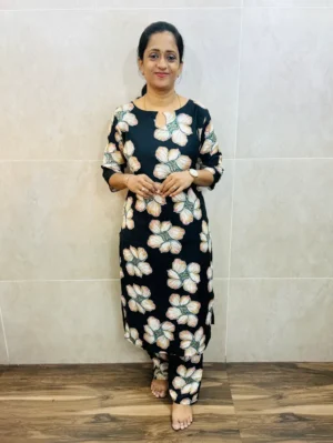 (Black)Printed cotton top(cotton lining) paired with cotton bottom(semi palazzo)