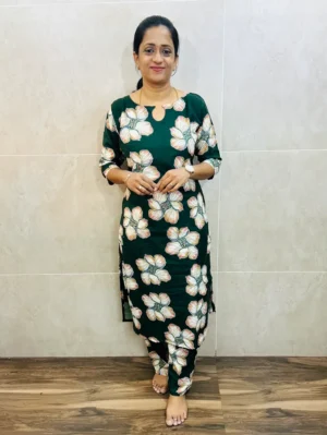 (Green)Printed cotton top(cotton lining) paired with cotton bottom(semi palazzo)