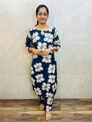 (Blue)Printed cotton top(cotton lining) paired with cotton bottom(semi palazzo)