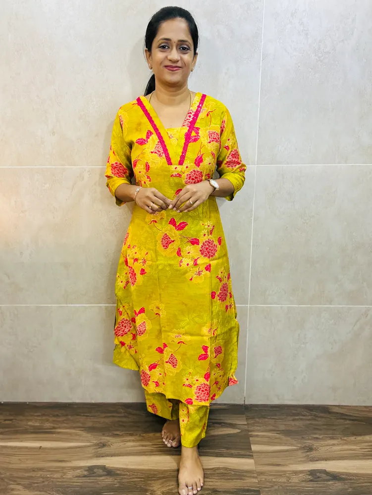 Beautiful Silk cotton shirt with thread work, Moti & Applique with Georgette bottom