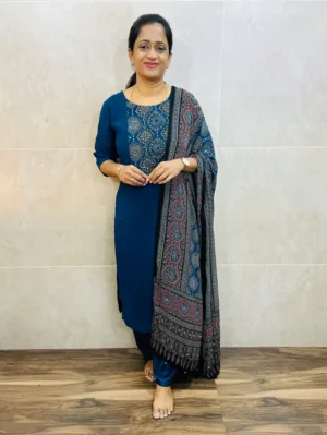 Georgette top (crepe lining) with mirror worked patch work in yoke paired with Georgette dupatta and silk bottom (free size)