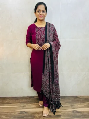 (Reddish pink)Georgette top (crepe lining) with mirror worked patch work in yoke paired with Georgette dupatta and silk bottom (free size)