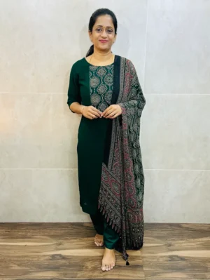 Georgette top (crepe lining) with mirror worked patch work in yoke paired with Georgette dupatta and silk bottom (free size)