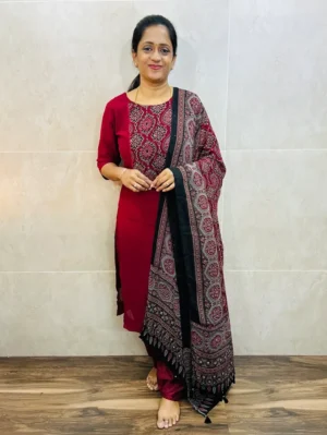 (Maroon)Georgette top (crepe lining) with mirror worked patch work in yoke paired with Georgette dupatta and silk bottom (free size)