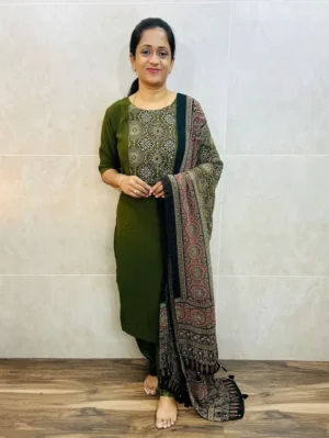 Georgette top (crepe lining) with mirror worked patch work in yoke paired with Georgette dupatta and silk bottom (free size)