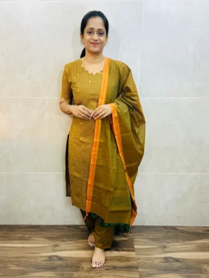 Pure handloom cotton top with allover zari woven buttas paired with cotton dupatta and cotton bottom(free size)