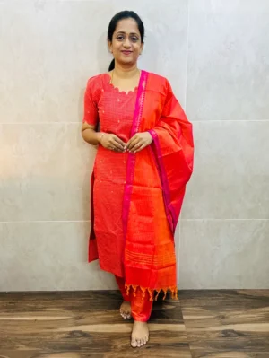 Pure handloom cotton top with allover zari woven buttas paired with cotton dupatta and cotton bottom(free size)