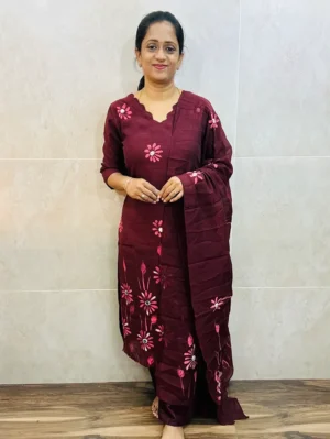 Brush painted linen cotton top (crepe lining) paired with linen cotton dupatta and silk bottom (straight cut)