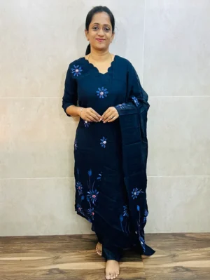 Brush painted linen cotton top (crepe lining) paired with linen cotton dupatta and silk bottom (straight cut)