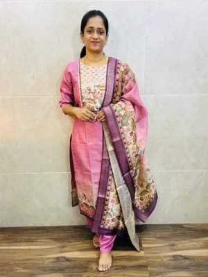 Premium semi tussar silk top(cotton lining) paired with tussar silk dupatta and santoon bottom(free size)