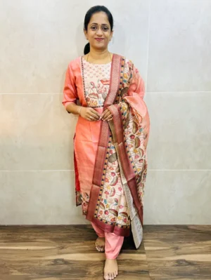 Premium semi tussar silk top(cotton lining) paired with tussar silk dupatta and santoon bottom(free size)