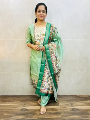 Premium semi tussar silk top(cotton lining) paired with tussar silk dupatta and santoon bottom(free size)